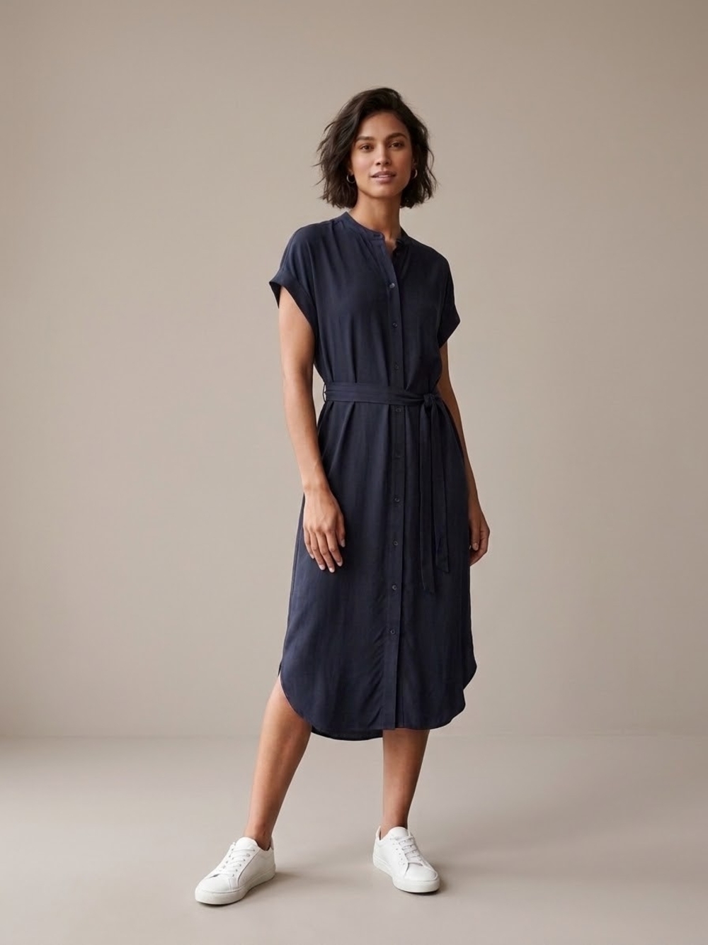 Quince Navy Button-Front Midi Dress with Self Tie